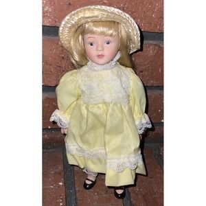 Vintage 8" Porcelain Doll Blonde Hair Yellow Lace Dress Straw Hat Mary Janes